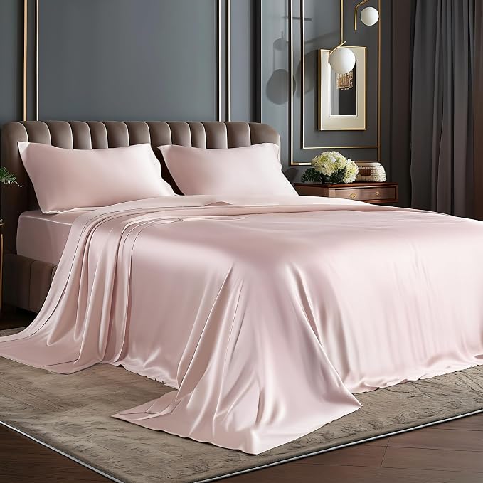 BEDELITE King Size Sheets Set, Luxury Soft Pink Satin Sheets by BEDELITE