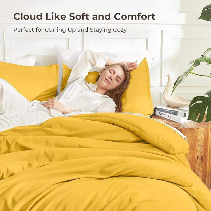 Litanika Mustard Yellow Comforter Set King Size, 3 Pieces Lightweight Solid - Image 2