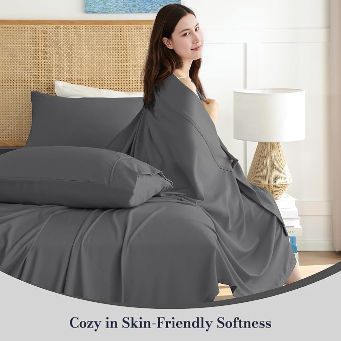Full Sheet Set 4 Piece, Wrinkle Free, Oeko-Tex Certified Bedsheets，Dark Grey - Image 2