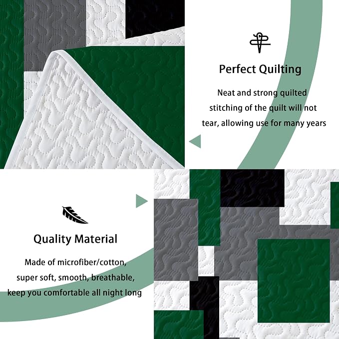Tyrot 2 Piece Green Quilt Set Twin Size Black Grey White Geometric Reversible - Image 4