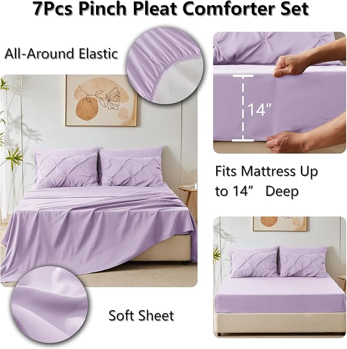 HIMEET Pintuck Bed in a Bag, 7 Pieces Queen Size Comforter Set Lavender - Image 5