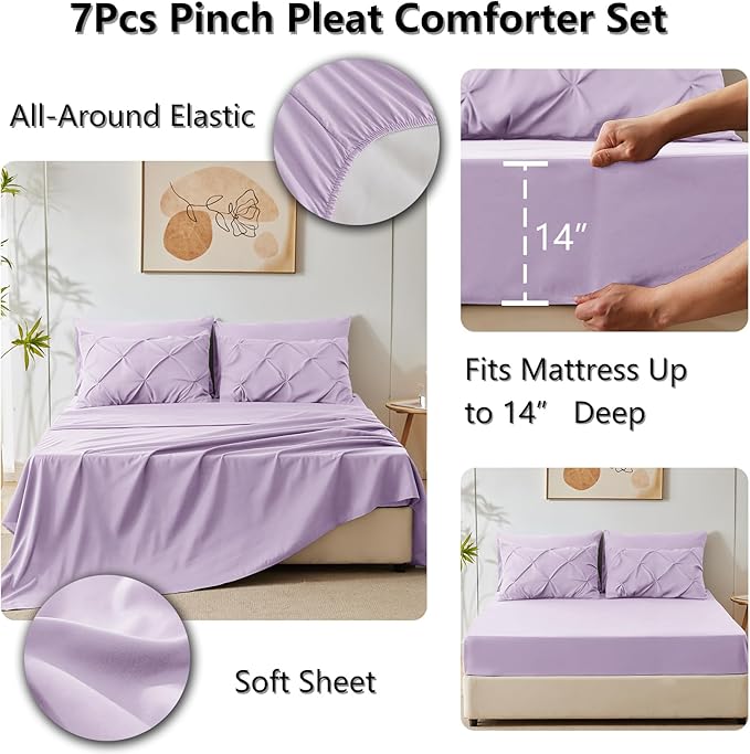 HIMEET Pintuck Bed in a Bag, 7 Pieces Full Size Comforter Set Lavender - Image 5
