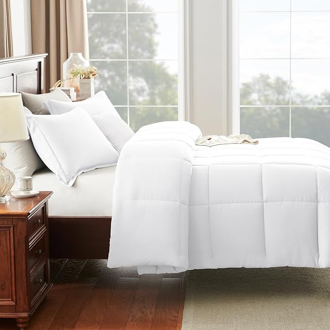 CozyLux Oversized Queen Comforter Set, 3 Pieces White 98x98 Box Stitched Design - Image 8