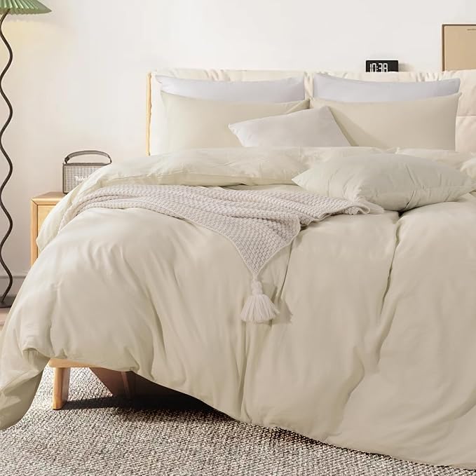 NEXHOME PRO Duvet Cover Set Queen Size Linen Feel Textured Cream Grey Organic - Image 3