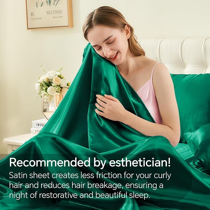 BEDELITE Satin Sheets Queen Size Bed Set, Luxury Soft Dark Green Sheets - Image 3