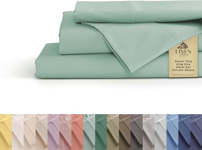 Linen Home 100% Cotton Percale Sheets King Size, Pastel Turk, Deep Pocket by LINENHOME