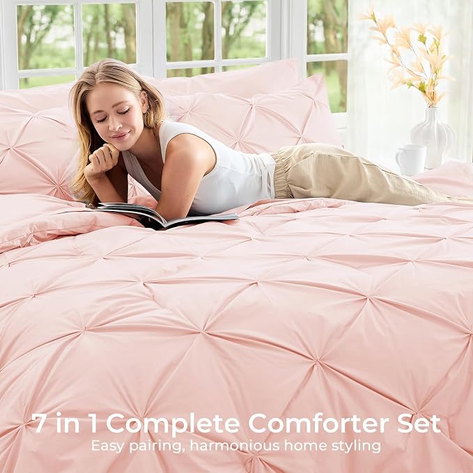 Sasttie Full Size Comforter Set, 7-Piece Bed in a Bag, Pintuck Bedding Set - Image 6