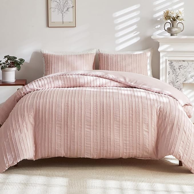 WARMDERN Pink Striped Duvet Cover Set, Boho Textured Tufted Bedding, 2 Piece by WARMDERN