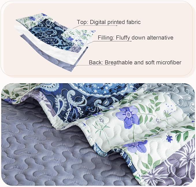 Whale Flotilla Patchwork Quilts Queen Size, Soft Boho Floral Bedspreads - Image 6