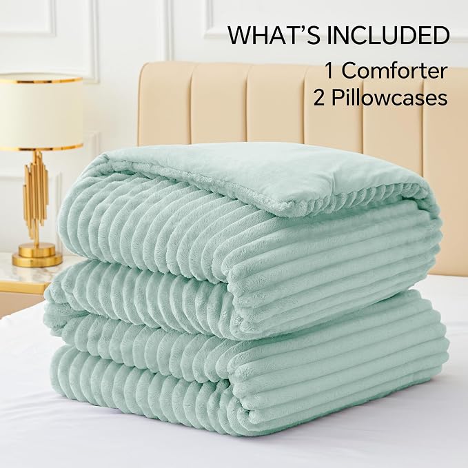 BEDELITE Fleece King Comforter Set -Super Soft & Warm Fluffy Light Green Bedding - Image 6