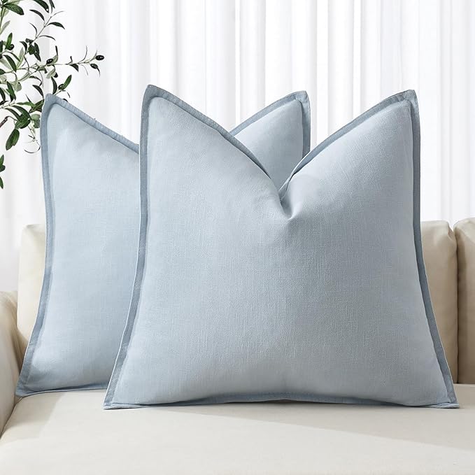 MIULEE Decorative Linen Euro Sham Pillow Covers 22x22 Inch Light Blue Boho by MIULEE