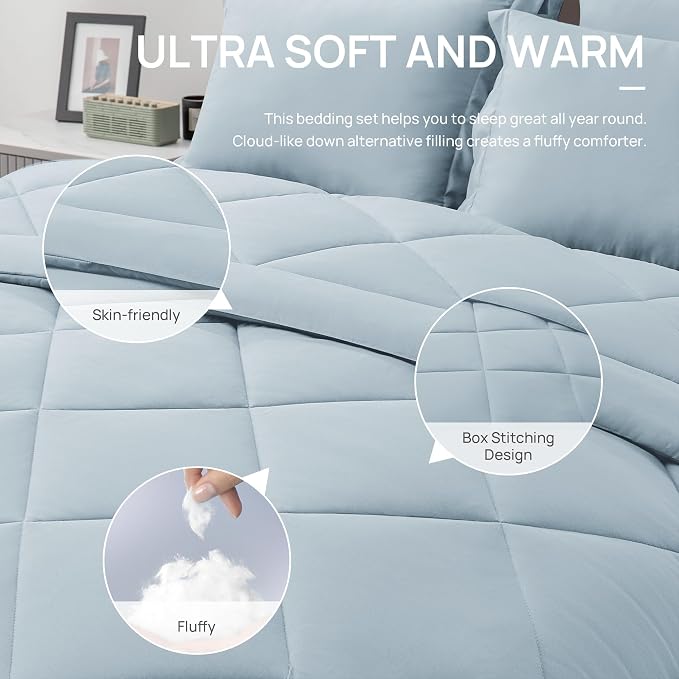 Love's cabin Queen Comforter Set Light Blue, 7 Pieces Queen Bed in a Bag - Image 5