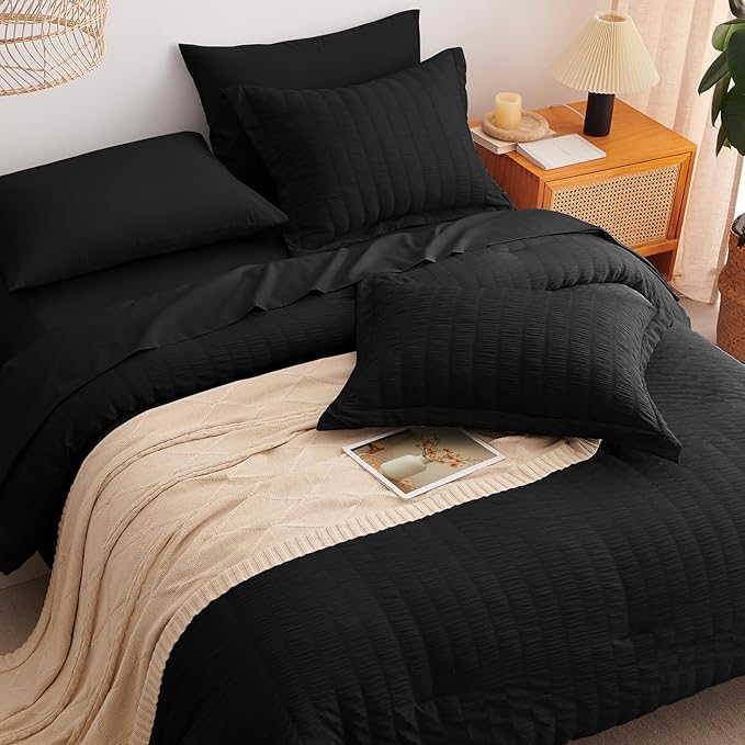 CozyLux King Size Comforter Set Black Seersucker 7 Pieces Bed in a Bag King - Image 8