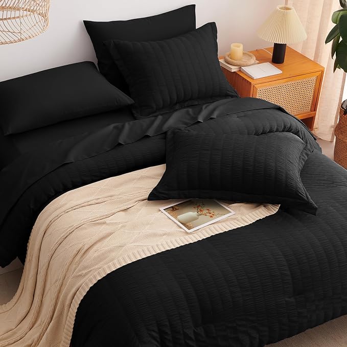 CozyLux Oversized Queen Comforter Set Black Seersucker 7 Pieces 98x98 Bed in a - Image 6