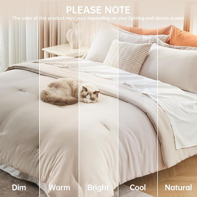 MUXHOMO Queen Size Comforter Set Beige, 3 Piece Solid Bedding - Image 9