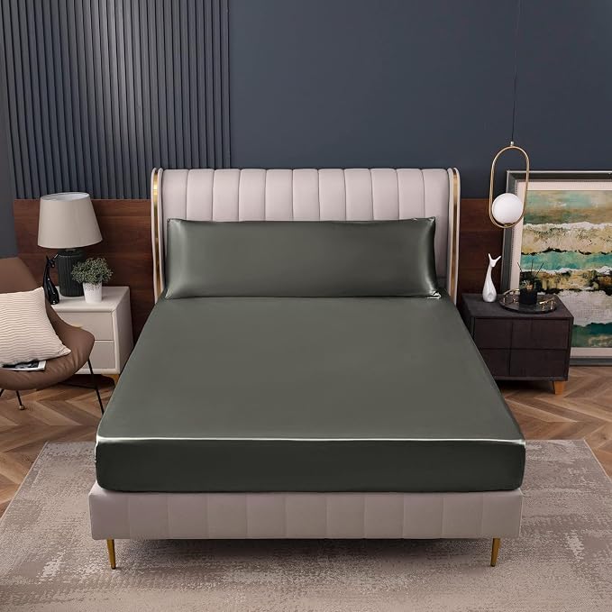 Homiest Dark Grey Satin Fitted Sheet King Size, Deep Pocket, Luxury & Ultra - Image 2
