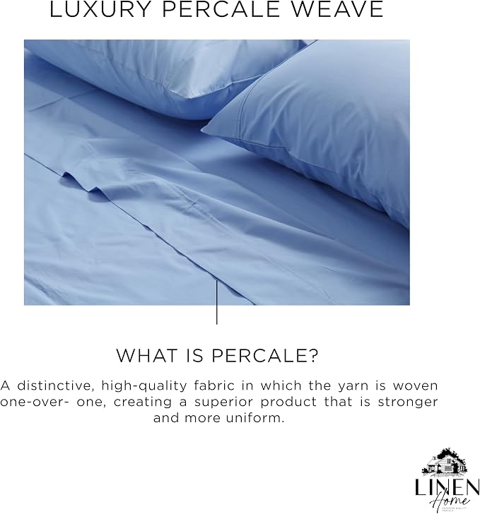 Linen Home 100% Cotton Percale Weave Fitted Sheet, Queen Size, Baby Blue - Image 2