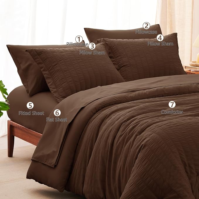 CozyLux Queen Comforter Set Brown Seersucker 7 Pieces Bed in a Bag Queen - Image 7