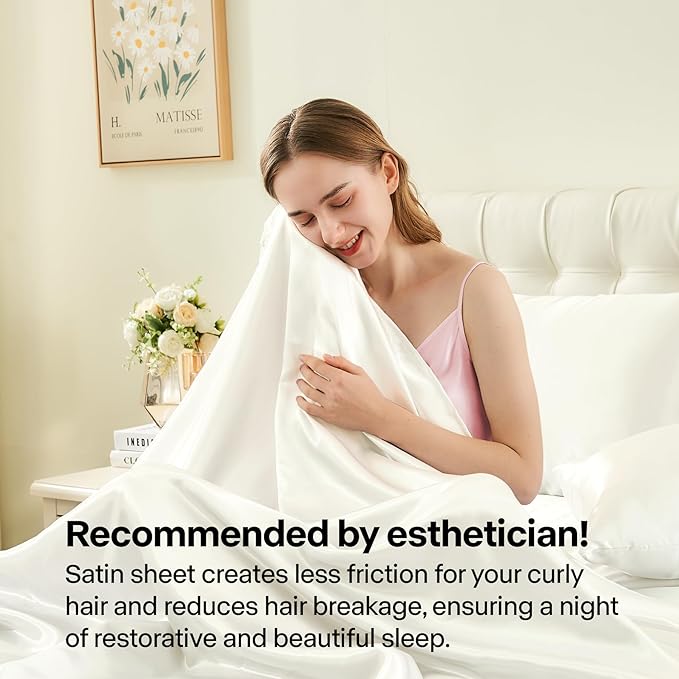 BEDELITE Satin Sheets Full Size Bed Set, Luxury Soft Ivory White Silky Sheet - Image 4
