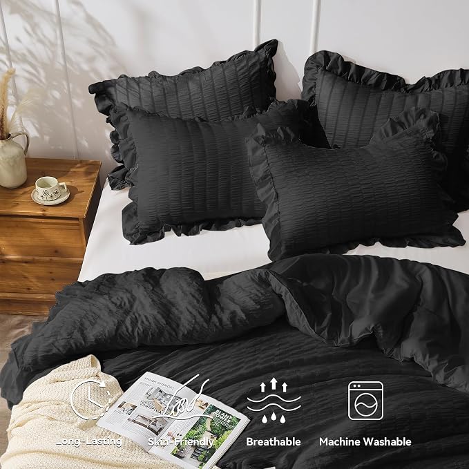 JOLLYVOGUE Black King Comforter Set, 3 Pieces Seersucker Comforters King Size - Image 3