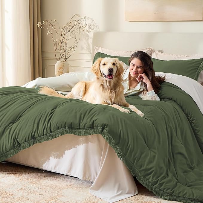 Andency Olive Green Comforter Set King, 3 Pieces Boho Tassel Lightweight - Image 3