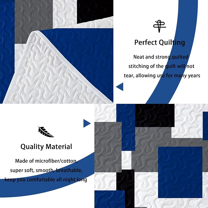 Tyrot 3 Piece Blue White Grey Quilt Set King Size Black White Geometric - Image 4