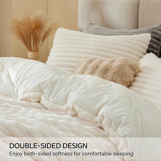 BEDELITE Fleece California King Comforter Set -Super Soft & Warm Fluffy Cream - Image 4