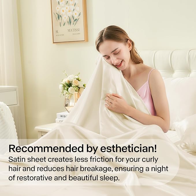 BEDELITE Satin Sheets Full Size Bed Set, Luxury Soft Beige Silky Sheet - Image 4