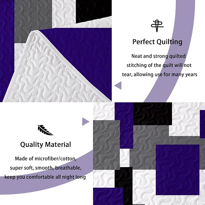 Tyrot 2 Piece Dark Purple Grey Quilt Set Twin Size Black White Gray Geometric - Image 4