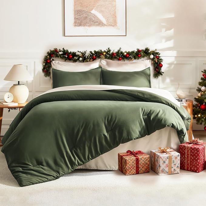 Litanika Dark Olive Green Comforter Set Queen, 3 Pieces Solid Bedding Comforter - Image 6