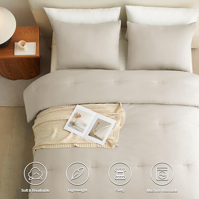 CozyLux Full Size Comforter Set Oatmeal, 3 Pieces Solid Breathable Quilted - Image 3