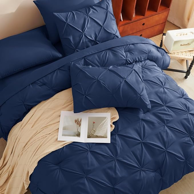 HIMEET Pintuck Bed in a Bag, 5 Pieces Twin Comforter Set Navy Blue, Pinch Bed - Image 4