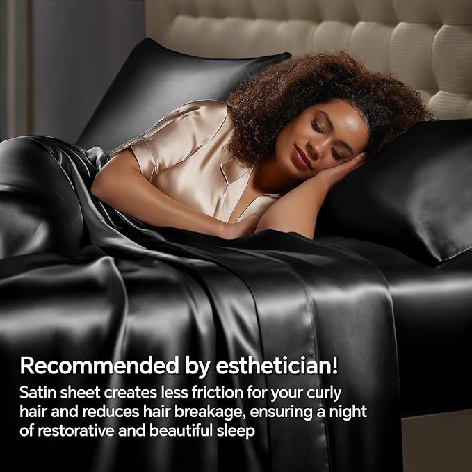 BEDELITE Satin Sheets Queen Size Bed Set, Luxury Soft Black Silky Sheets - Image 4