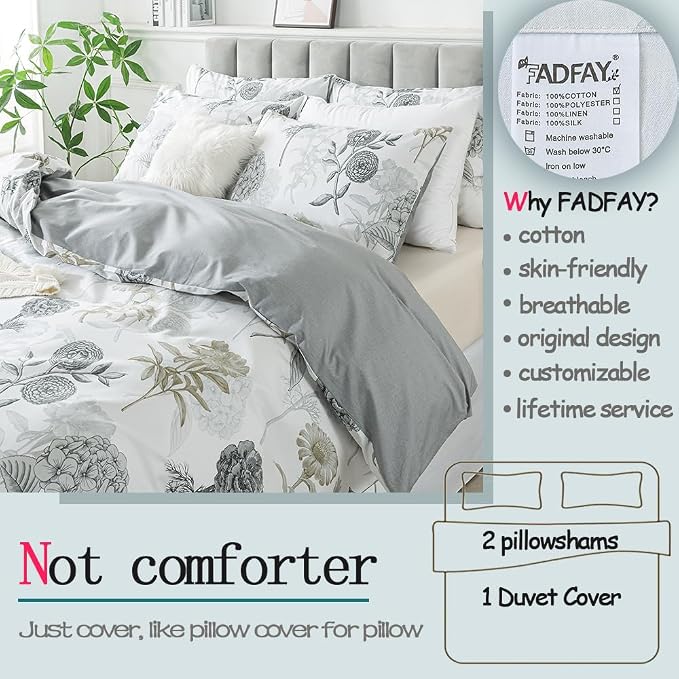 FADFAY Floral Duvet Cover Set Twin XL 100% Cotton College Bedding Ink Grey - Image 2