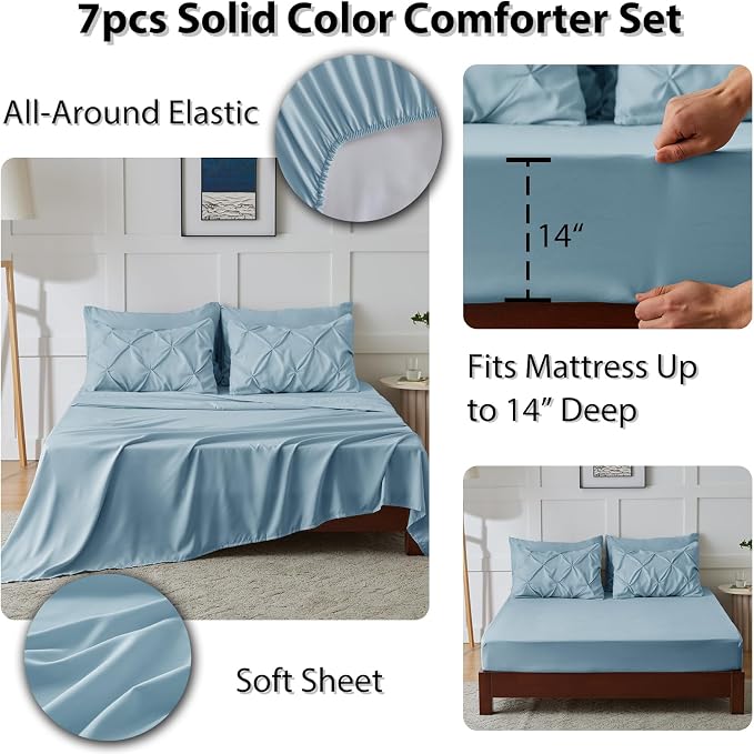 CozyLux Queen Comforter Set Light Blue, 7 Pieces Pintuck Bed in A Bag, Premium - Image 6