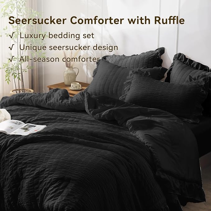 JOLLYVOGUE Black King Comforter Set, 3 Pieces Seersucker Comforters King Size - Image 4