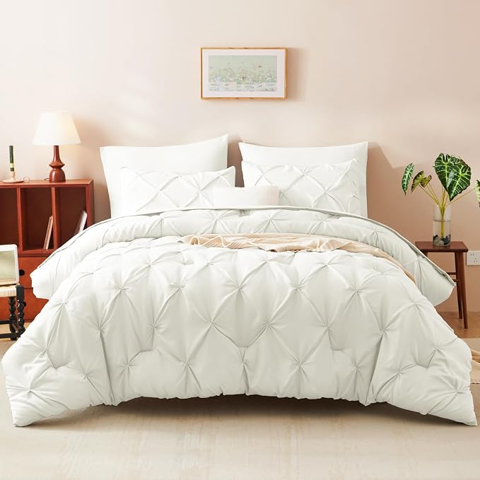 HIMEET Pintuck Bed in a Bag, 7 Pieces Full Size Comforter Set Ivory, Luxury - Image 9