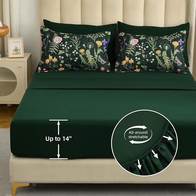 Yiran Floral Full Size Comforter Set, 7 Piece Dark Green Comforter Bedding Set - Image 6