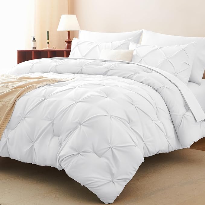 CozyLux King Size Comforter Set White, 7 Pieces Pintuck Bed in A Bag White - Image 9