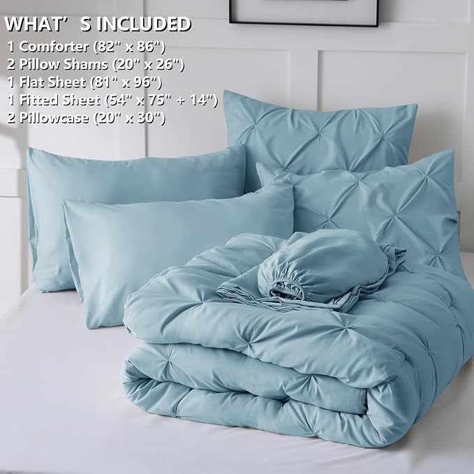 CozyLux Full Size Comforter Sets Light Blue, 7 Pieces Pintuck Bed in A Bag Blue - Image 7