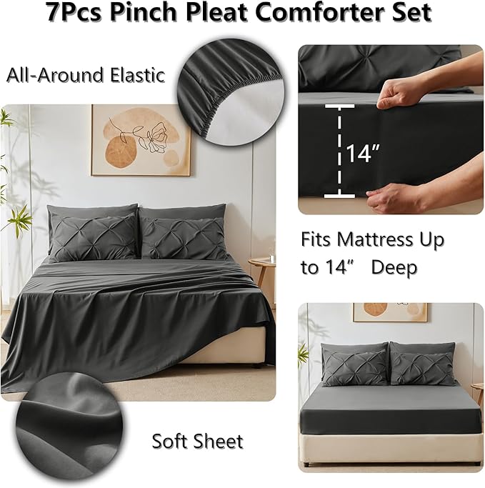 HIMEET Pintuck Bed in a Bag, 7 Pieces Oversized Queen Comforter Set Dark Grey - Image 6