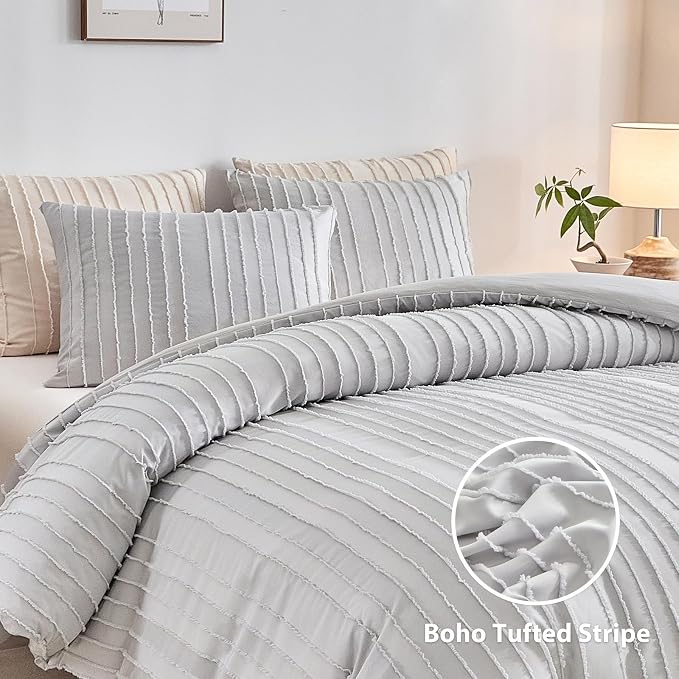 WARMDERN Light Grey Tufted Duvet Cover Set Queen Size, Striped Textured Duvet - Image 2