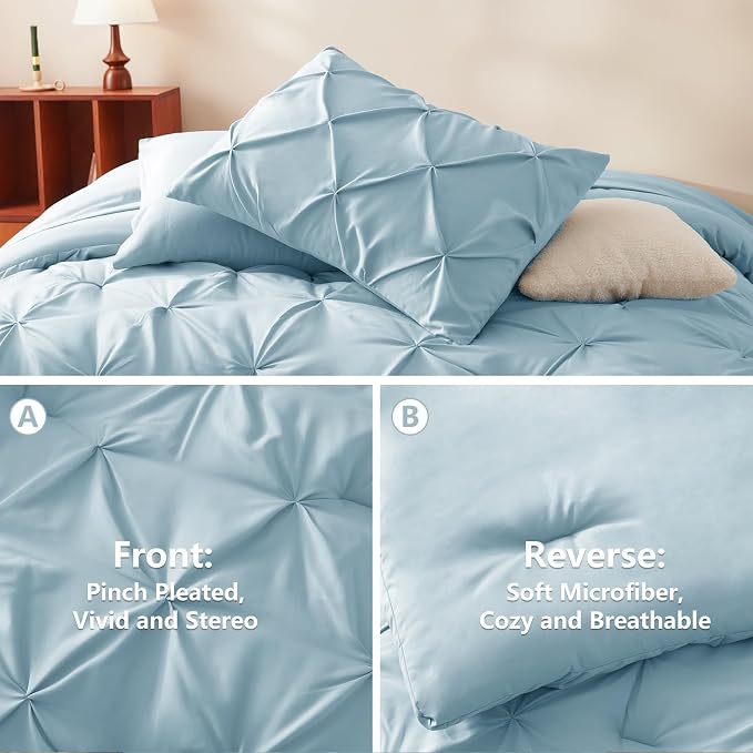 HIMEET Pintuck Bed in a Bag, 7 Pieces Queen Size Comforter Set Light Blue - Image 3
