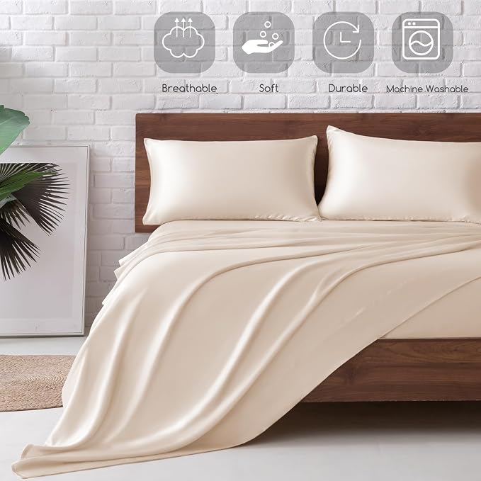 MR&HM Satin Bed Sheets, Queen Size Sheets Set - Image 5