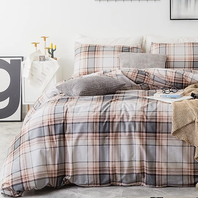 SUSYBAO Plaid Duvet Cover Queen 100% Cotton Khaki Gingham Duvet Cover Set 3 - Image 2
