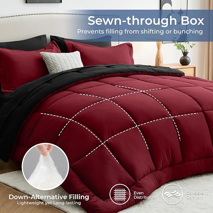 Sasttie Red & Black Full Size Comforter Sets, 7 Pieces Reversible Bed in a Bag - Image 4