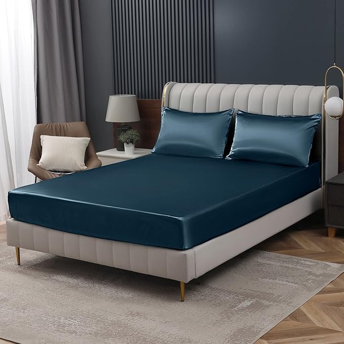 Homiest Deep Sea Blue Satin Fitted Sheet by Homiest
