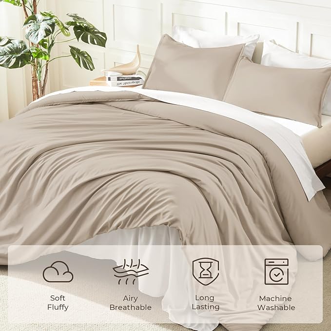 Litanika Khaki Comforter Set Full Size, 3 Pieces Solid Bedding Comforter Set - Image 3