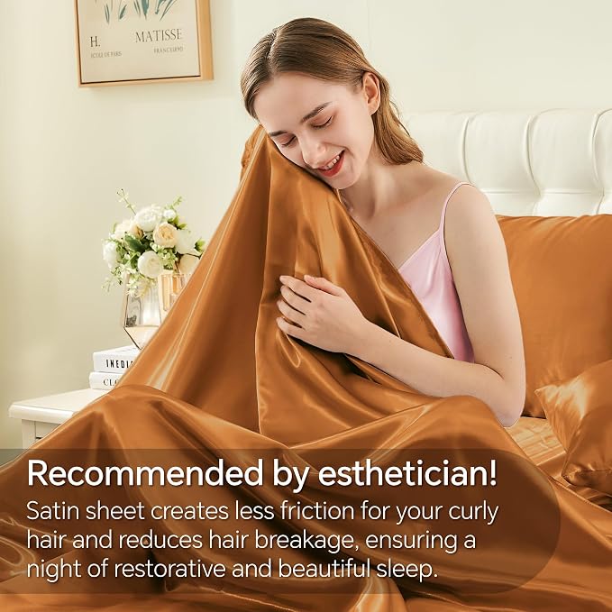 BEDELITE California King Sheets Set, Luxury Soft Burnt Orange Satin Sheets - Image 4