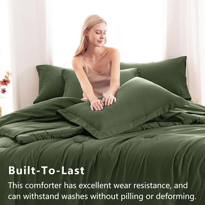 CozyLux Twin Comforter Set Olive Green, 5 Pieces Bed in a Bag Twin Comforter Set - Image 3